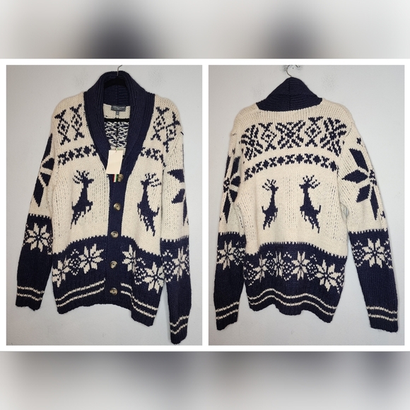 NWT Lorenzo Magni Italy Wool Alpaca Blend Chunky Knit Cardigan Deer Snowflake XL - Picture 1 of 16